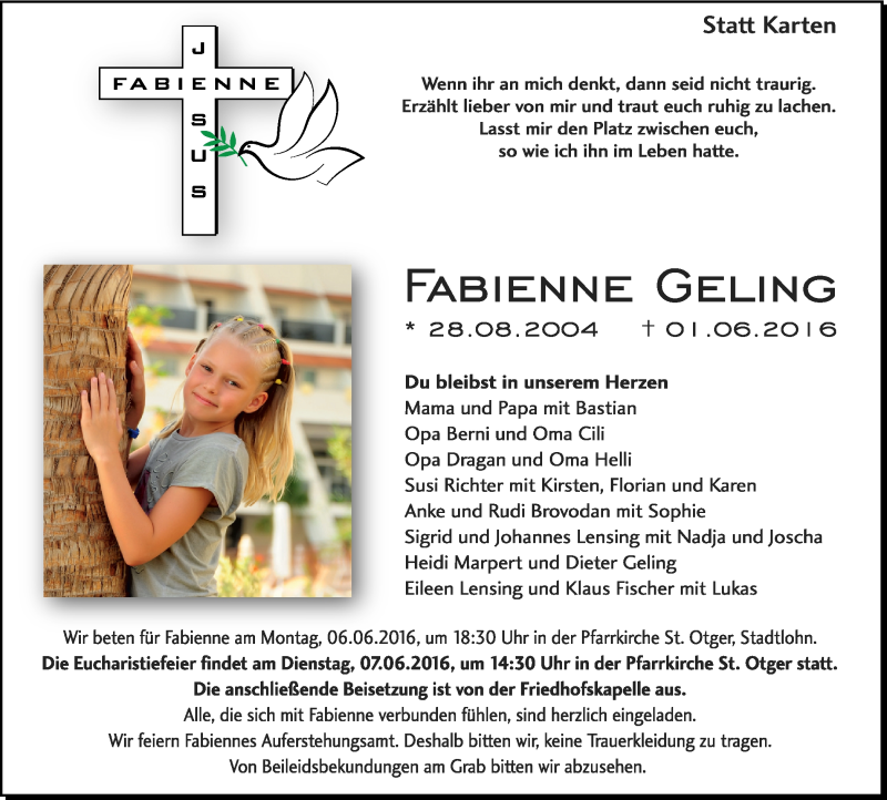  Traueranzeige für Fabienne Geling vom 04.06.2016 aus Münstersche Zeitung und Münsterland Zeitung