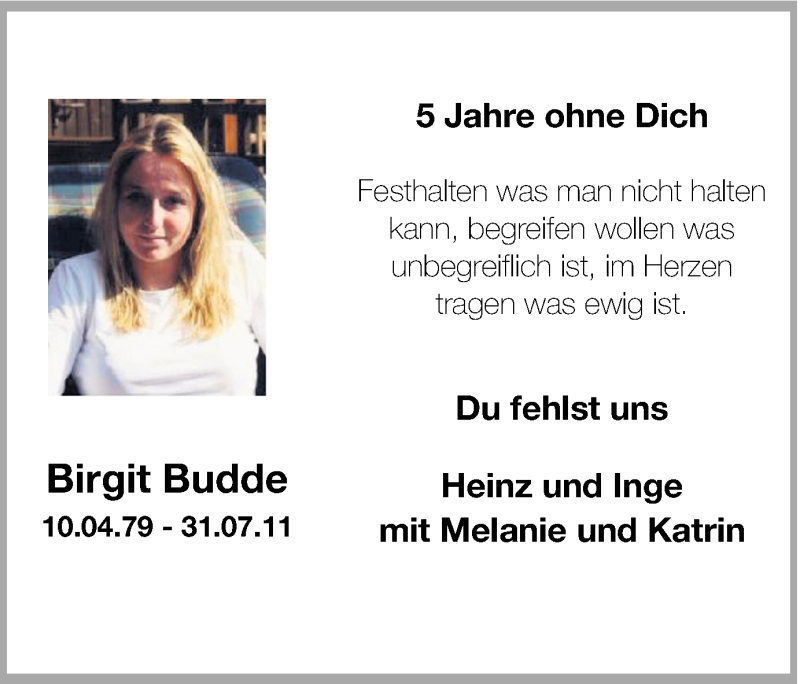  Traueranzeige für Birgit Budde vom 30.07.2016 aus Ruhr Nachrichten