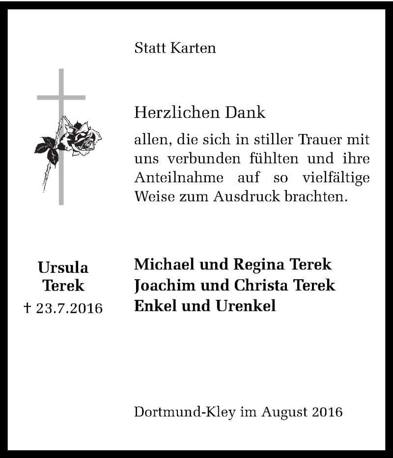  Traueranzeige für Ursula Terek vom 20.08.2016 aus Ruhr Nachrichten
