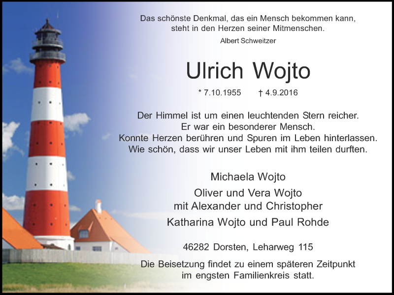  Traueranzeige für Ulrich Wojto vom 07.09.2016 aus Ruhr Nachrichten und Dorstener Zeitung