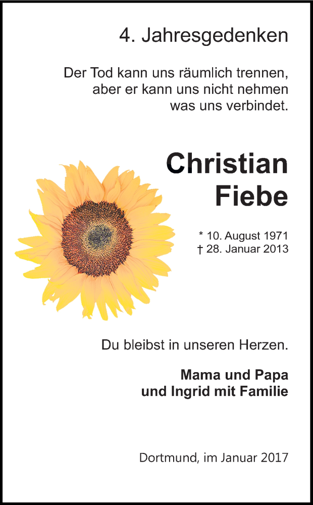  Traueranzeige für Christian Fiebe vom 28.01.2017 aus Ruhr Nachrichten