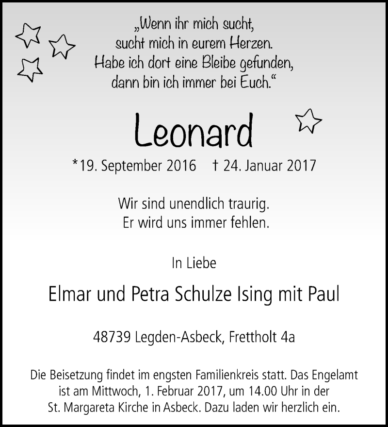  Traueranzeige für Leonard Schulze Ising vom 30.01.2017 aus Münstersche Zeitung und Münsterland Zeitung