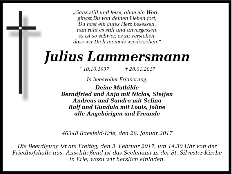  Traueranzeige für Julius Lammersmann vom 31.01.2017 aus Ruhr Nachrichten und Dorstener Zeitung