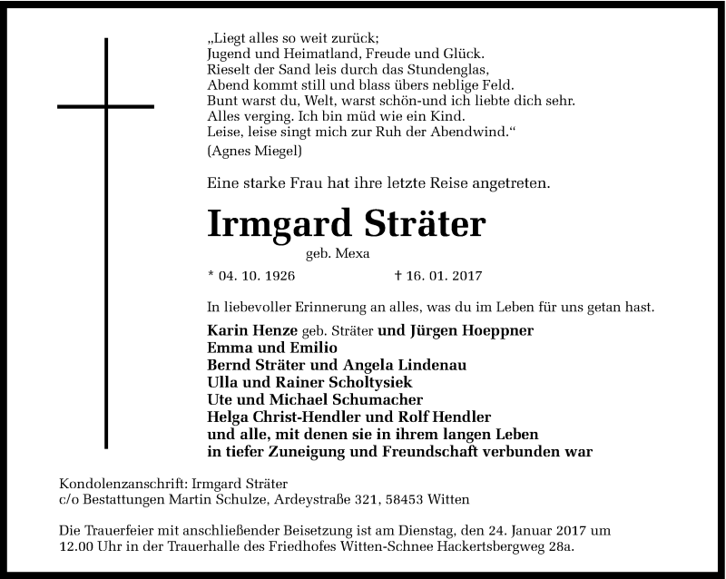 Traueranzeige für Irmgard Sträter vom 21.01.2017 aus Ruhr Nachrichten