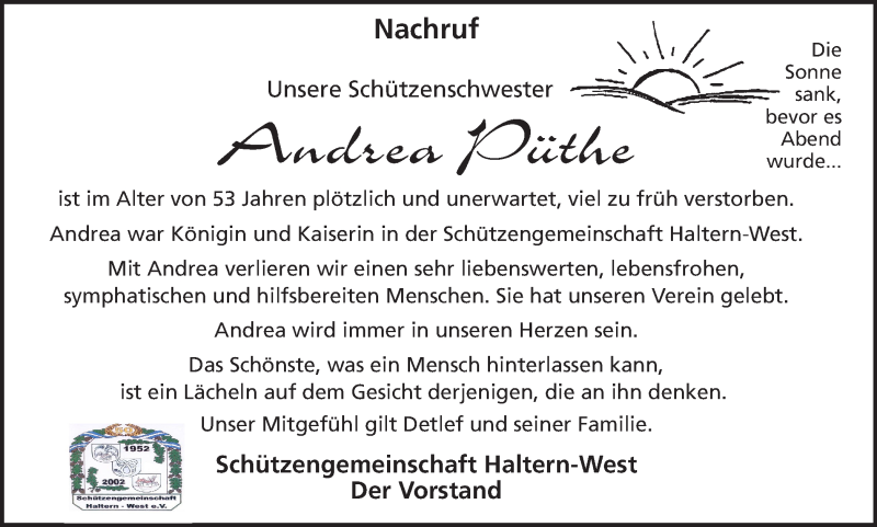  Traueranzeige für Andrea Püthe vom 11.10.2017 aus Ruhr Nachrichten und Halterner Zeitung