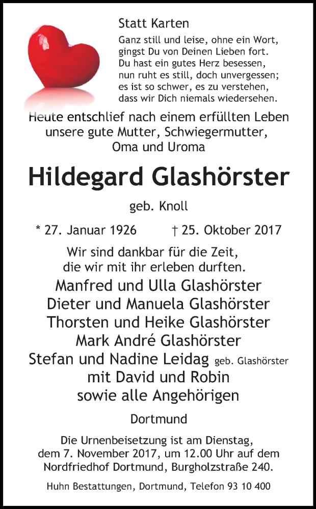  Traueranzeige für Hildegard Glashörster vom 31.10.2017 aus Ruhr Nachrichten