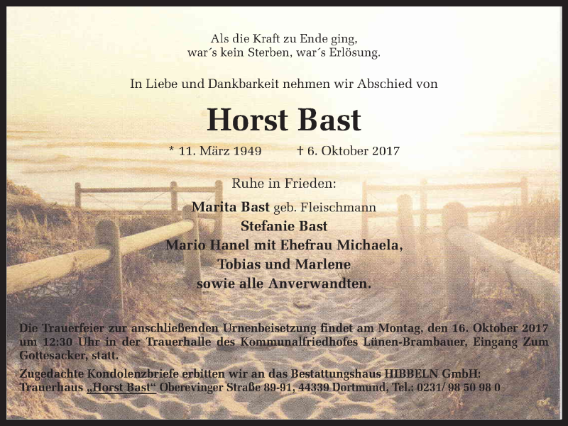  Traueranzeige für Horst Bast vom 11.10.2017 aus Ruhr Nachrichten