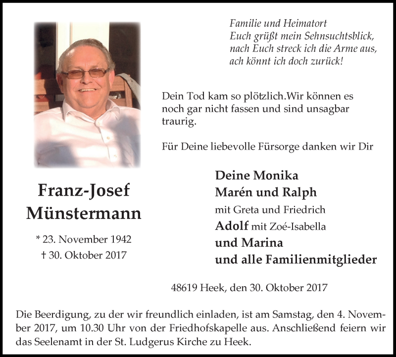  Traueranzeige für Franz-Josef Münstermann vom 02.11.2017 aus Münstersche Zeitung und Münsterland Zeitung