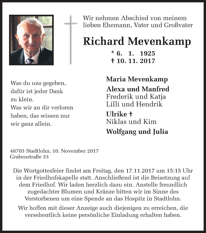  Traueranzeige für Richard Mevenkamp vom 15.11.2017 aus Münstersche Zeitung und Münsterland Zeitung