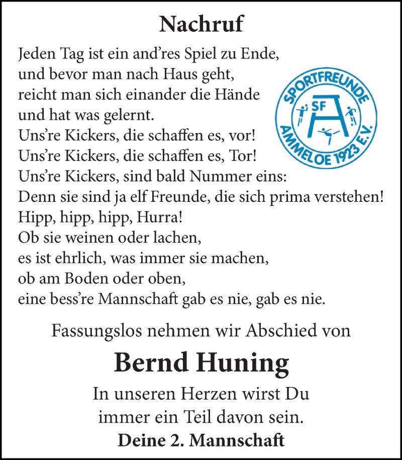  Traueranzeige für Bernd Huning vom 20.12.2017 aus Münstersche Zeitung und Münsterland Zeitung
