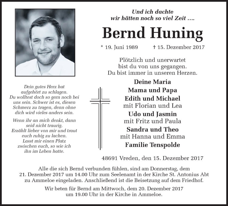  Traueranzeige für Bernd Huning vom 18.12.2017 aus Münstersche Zeitung und Münsterland Zeitung