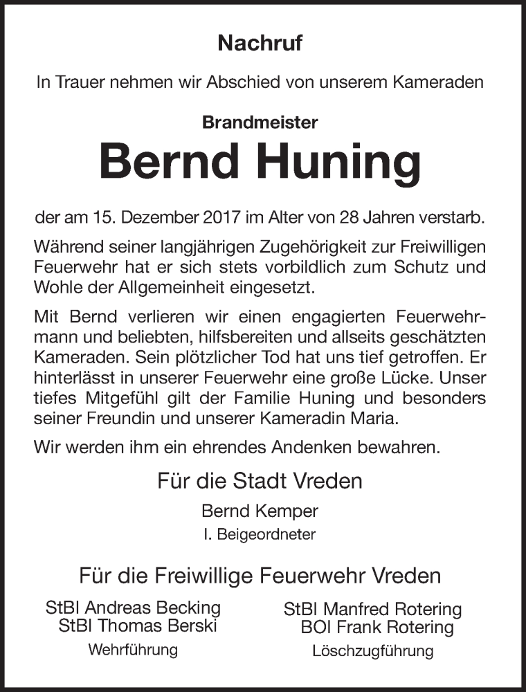  Traueranzeige für Bernd Huning vom 20.12.2017 aus Münstersche Zeitung und Münsterland Zeitung