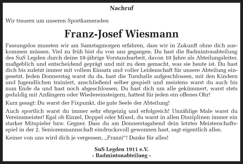  Traueranzeige für Franz-Josef Wiesmann vom 14.12.2017 aus Münstersche Zeitung und Münsterland Zeitung