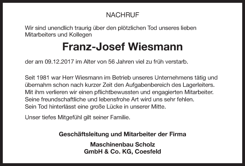  Traueranzeige für Franz-Josef Wiesmann vom 14.12.2017 aus Münstersche Zeitung und Münsterland Zeitung