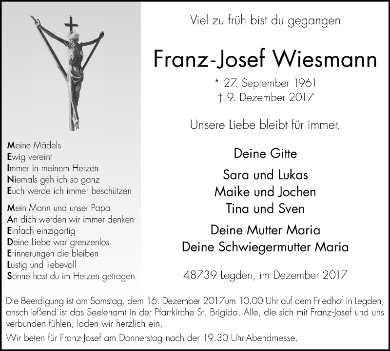  Traueranzeige für Franz-Josef Wiesmann vom 13.12.2017 aus Münstersche Zeitung und Münsterland Zeitung