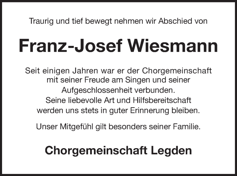  Traueranzeige für Franz-Josef Wiesmann vom 15.12.2017 aus Münstersche Zeitung und Münsterland Zeitung