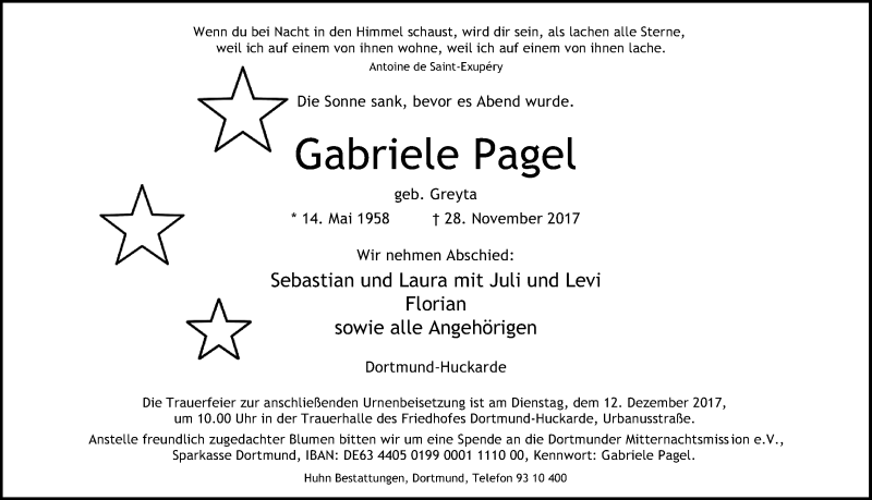  Traueranzeige für Gabriele Pagel vom 06.12.2017 aus Ruhr Nachrichten