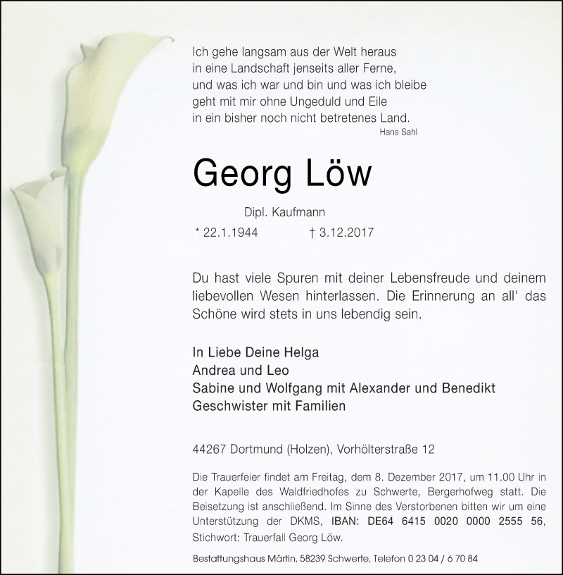  Traueranzeige für Georg Löw vom 06.12.2017 aus Ruhr Nachrichten