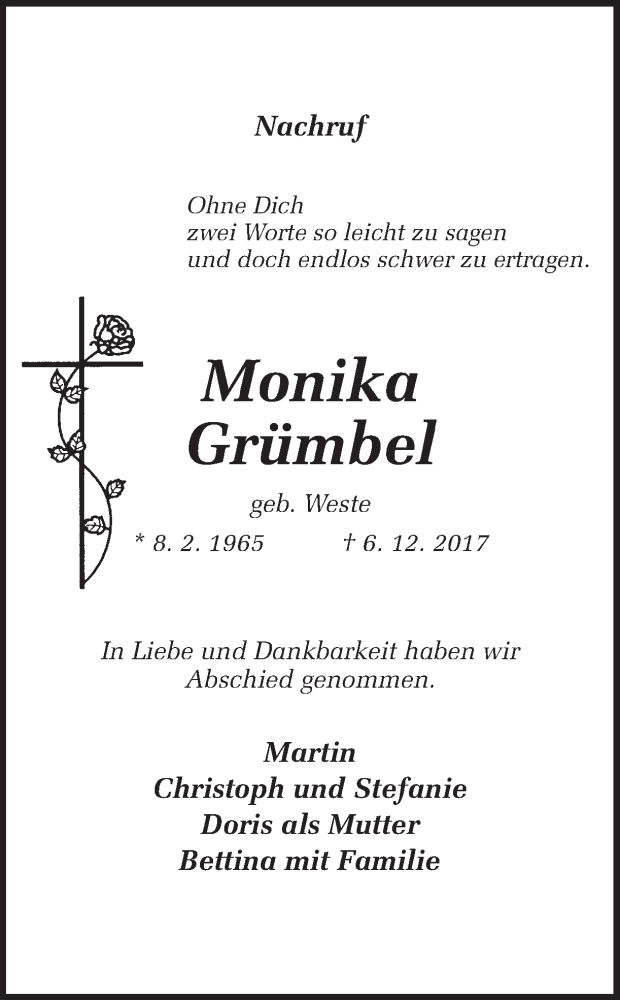  Traueranzeige für Monika Grümbel vom 15.12.2017 aus Ruhr Nachrichten