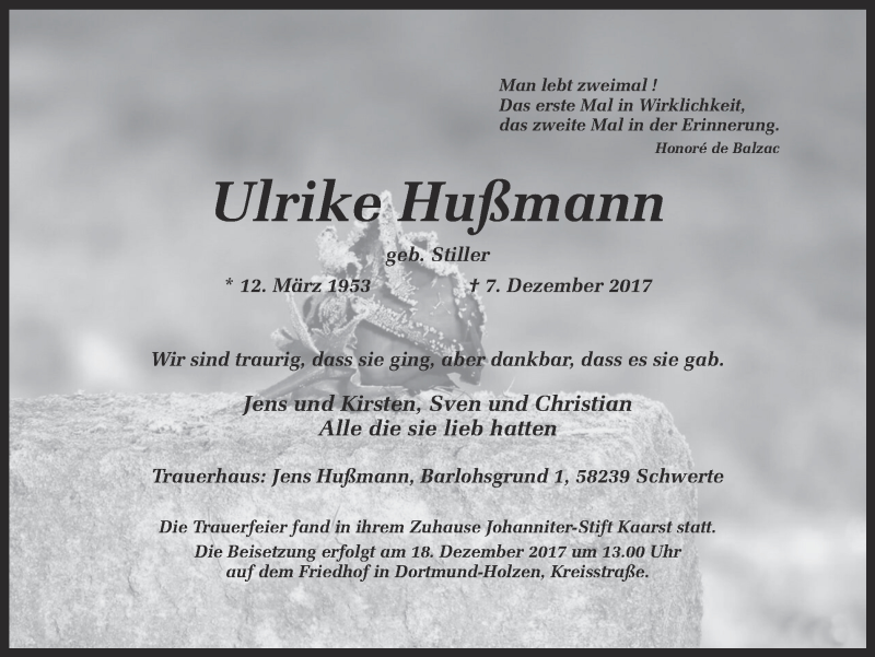  Traueranzeige für Ulrike Hußmann vom 14.12.2017 aus Ruhr Nachrichten