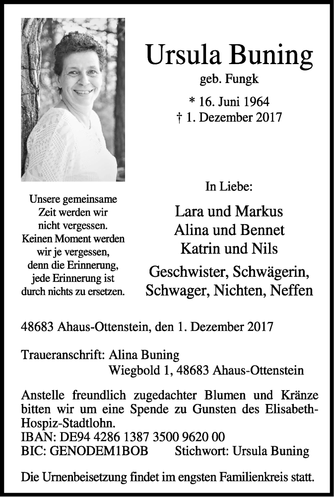  Traueranzeige für Ursula Buning vom 06.12.2017 aus Münstersche Zeitung und Münsterland Zeitung