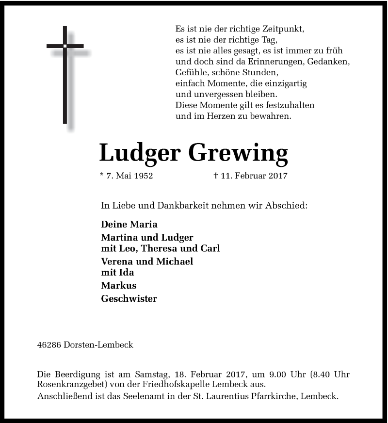 Traueranzeige für Ludger Grewing vom 15.02.2017 aus Ruhr Nachrichten und Dorstener Zeitung