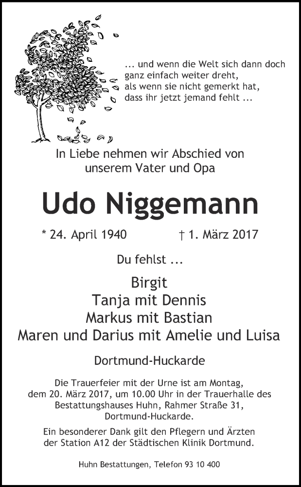  Traueranzeige für Udo Niggemann vom 15.03.2017 aus Ruhr Nachrichten
