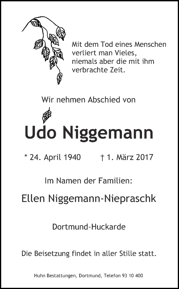  Traueranzeige für Udo Niggemann vom 18.03.2017 aus Ruhr Nachrichten