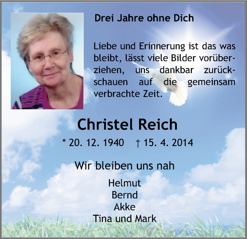 Traueranzeige für Christel Reich vom 15.04.2017 aus Ruhr Nachrichten