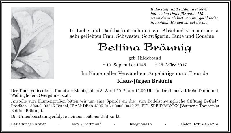  Traueranzeige für Bettina Bräunig vom 01.04.2017 aus Ruhr Nachrichten