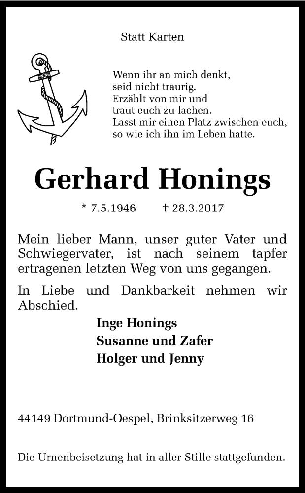  Traueranzeige für Gerhard Honings vom 08.04.2017 aus Ruhr Nachrichten