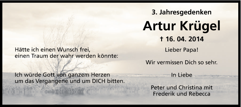  Traueranzeige für Artur Krügel vom 15.04.2017 aus Ruhr Nachrichten