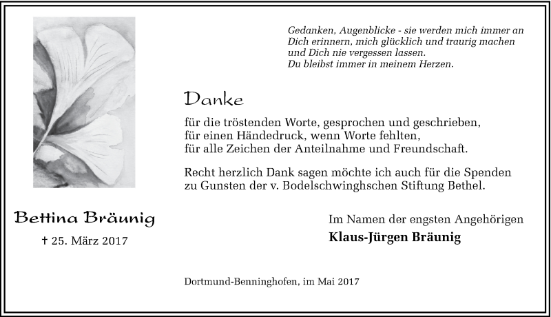  Traueranzeige für Bettina Bräunig vom 06.05.2017 aus Ruhr Nachrichten