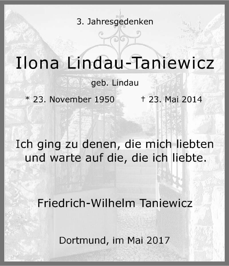  Traueranzeige für Ilona Lindau-Taniewicz vom 23.05.2017 aus Ruhr Nachrichten