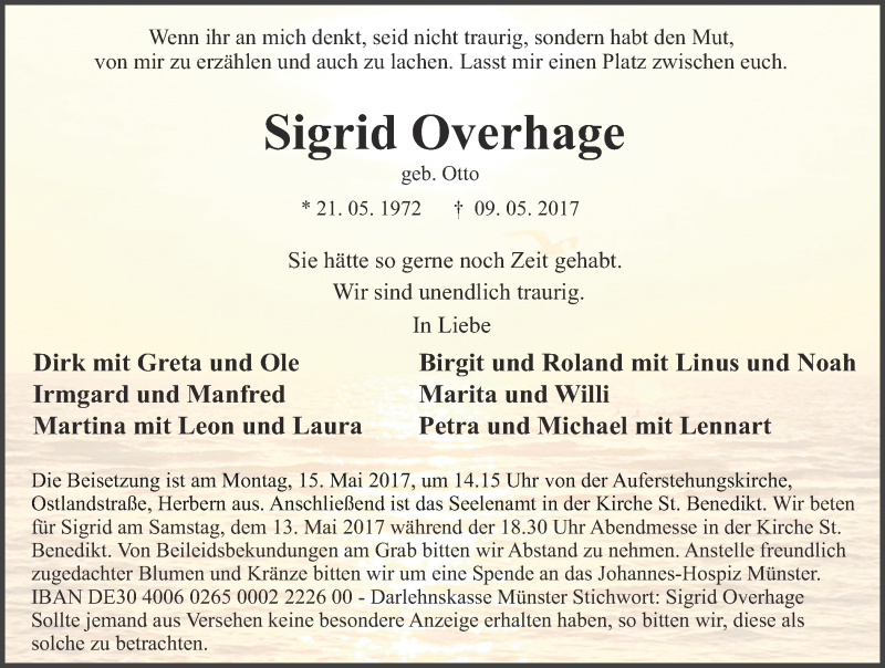  Traueranzeige für Sigrid Overhage vom 12.05.2017 aus Ruhr Nachrichten