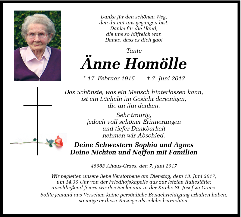  Traueranzeige für Änne Homölle vom 09.06.2017 aus Münstersche Zeitung und Münsterland Zeitung