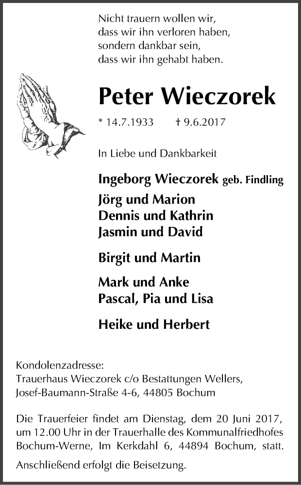  Traueranzeige für Peter Wieczorek vom 17.06.2017 aus Ruhr Nachrichten