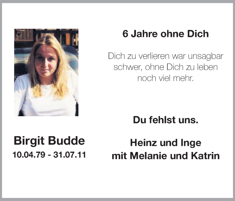  Traueranzeige für Birgit Budde vom 31.07.2017 aus Ruhr Nachrichten