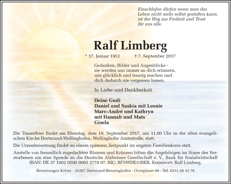  Traueranzeige für Ralf Limberg vom 13.09.2017 aus Ruhr Nachrichten