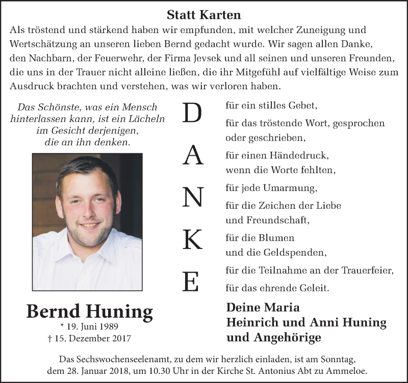  Traueranzeige für Bernd Huning vom 24.01.2018 aus Münstersche Zeitung und Münsterland Zeitung