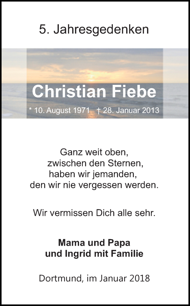  Traueranzeige für Christian Fiebe vom 27.01.2018 aus Ruhr Nachrichten