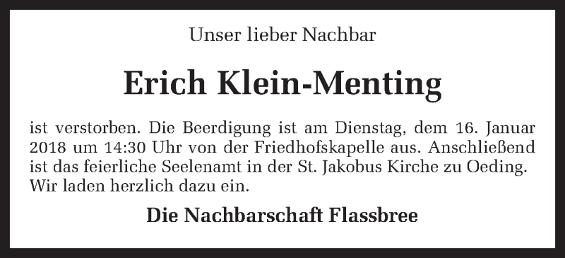  Traueranzeige für Erich Klein-Menting vom 13.01.2018 aus Münstersche Zeitung und Münsterland Zeitung