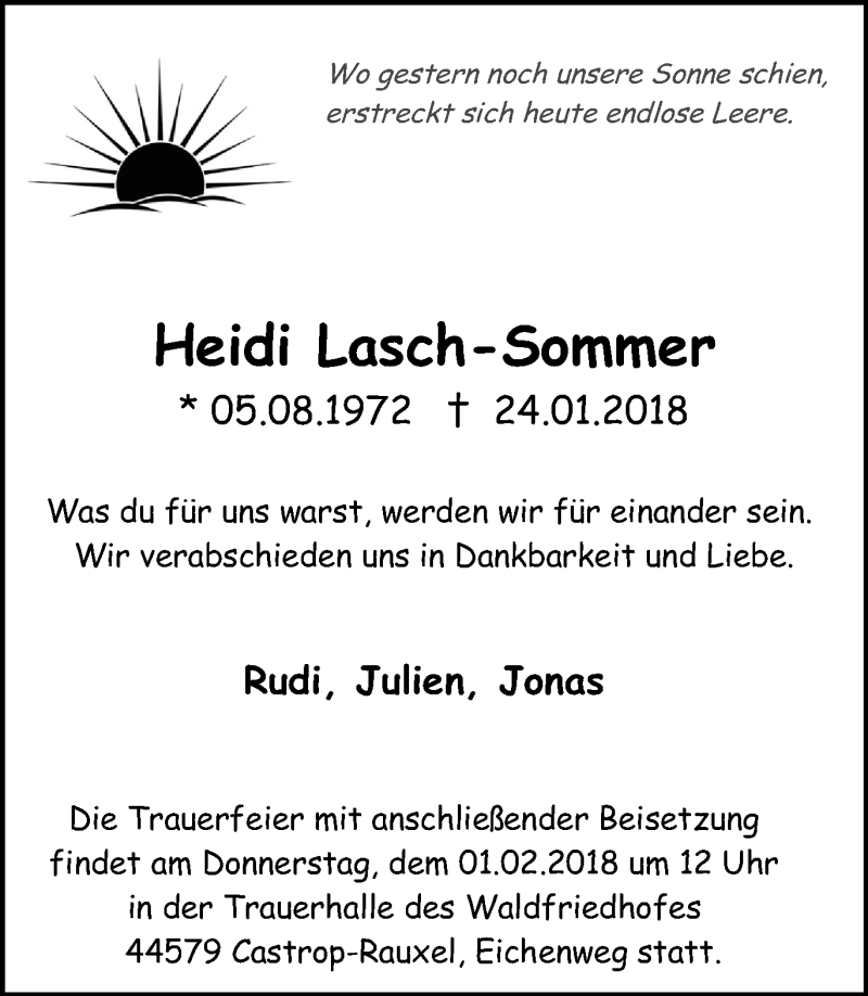  Traueranzeige für Heidi Lasch-Sommer vom 29.01.2018 aus Ruhr Nachrichten