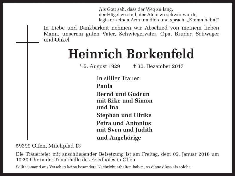  Traueranzeige für Heinrich Borkenfeld vom 02.01.2018 aus Ruhr Nachrichten