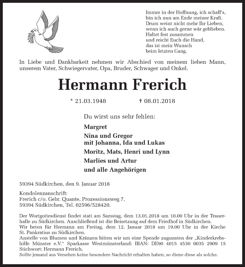  Traueranzeige für Hermann Frerich vom 10.01.2018 aus Ruhr Nachrichten