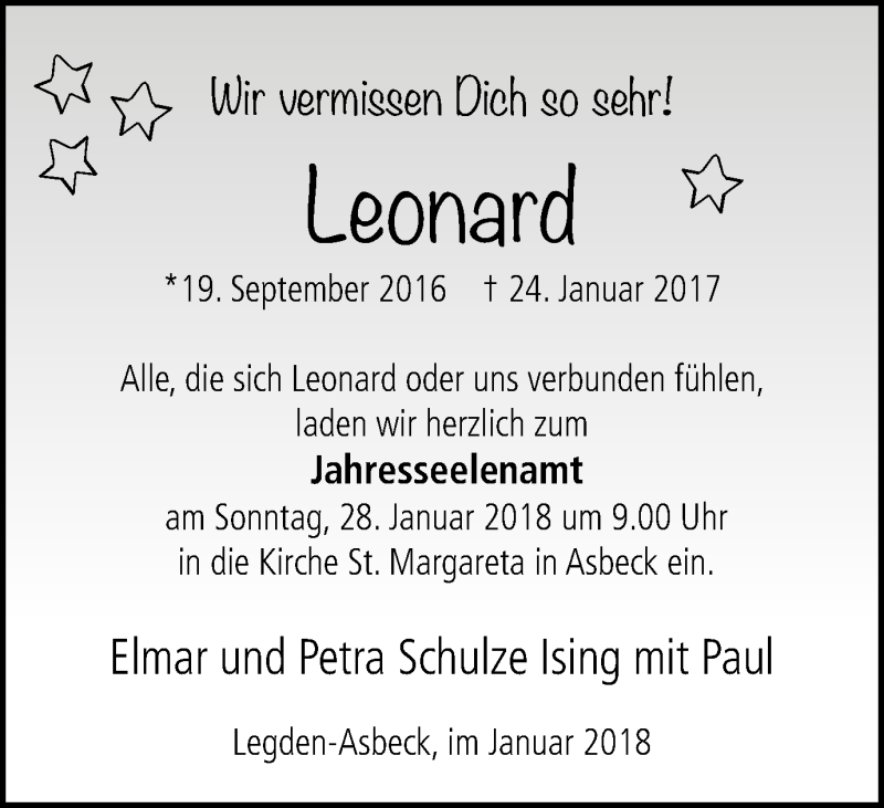  Traueranzeige für Leonard Schulze Ising vom 24.01.2018 aus Münstersche Zeitung und Münsterland Zeitung