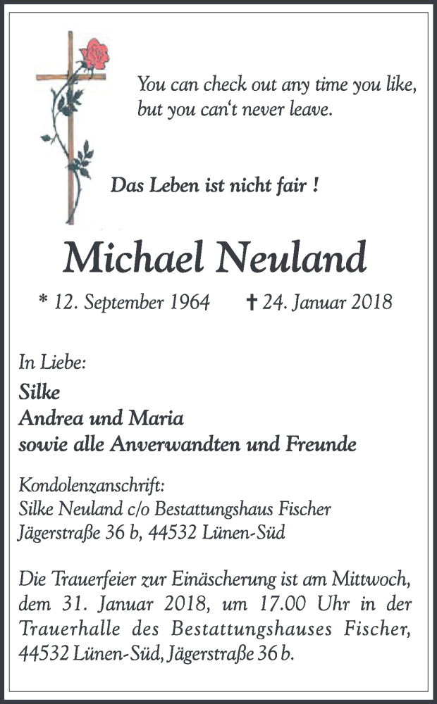  Traueranzeige für Michael Neuland vom 27.01.2018 aus Ruhr Nachrichten