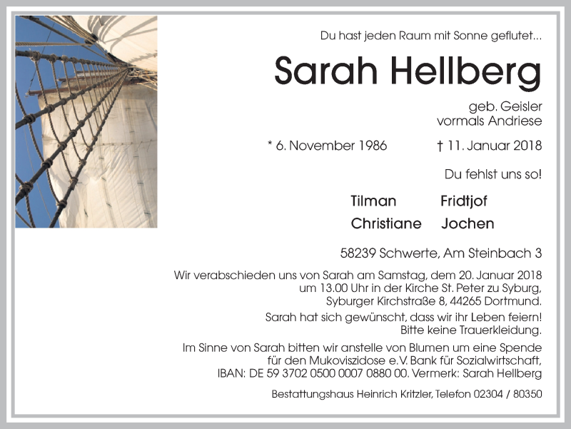  Traueranzeige für Sarah Hellberg vom 17.01.2018 aus Ruhr Nachrichten