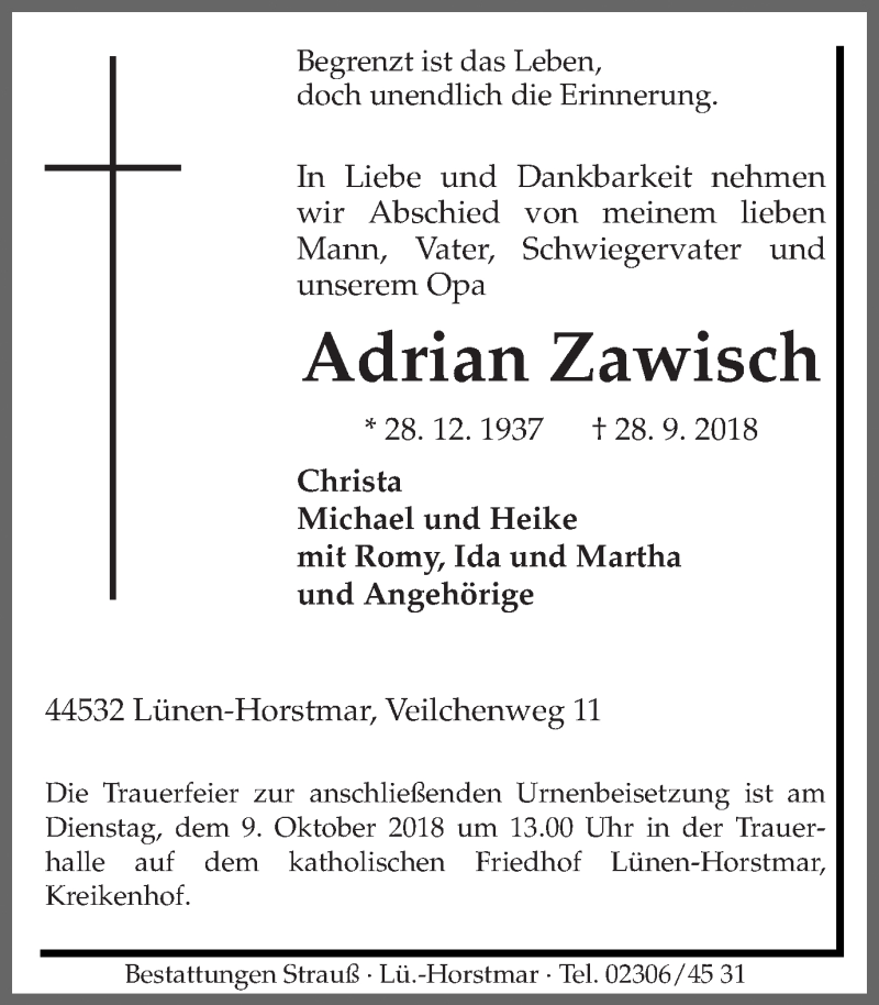 Traueranzeige für Adrian Zawisch vom 03.10.2018 aus Ruhr Nachrichten