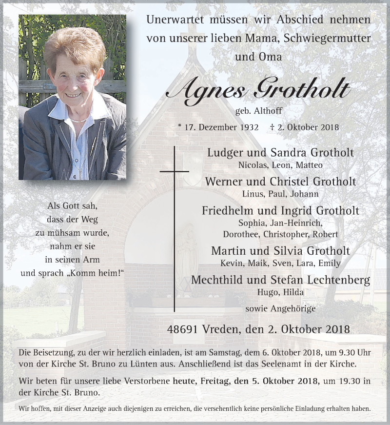  Traueranzeige für Agnes Grotholt vom 05.10.2018 aus Münstersche Zeitung und Münsterland Zeitung